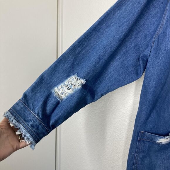Taxi Denim Jacket Womens 3X Blue Distressed Longline Button Front Jean Coat - Picture 11 of 16